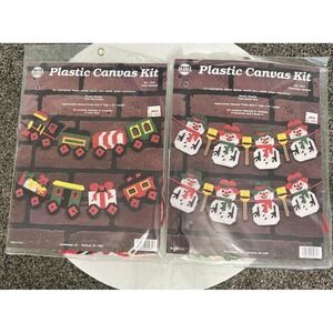 Vtg Needlepoint Plastic Canvas Kits Christmas Garland Wall Hanging Train Snowmen